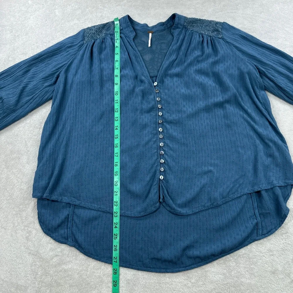 Free People Blouse Women Small Teal Blue Boho Peasant Embroidered Button Front